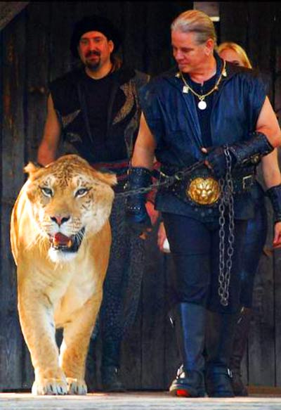 Hercules the liger with its caretakers Dr. Bhagavan Antle, Chris Heidin and China York.